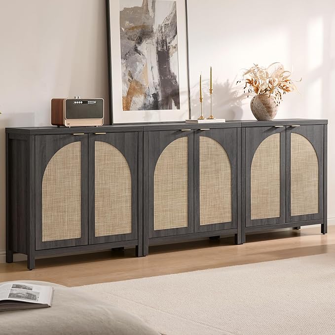 SICOTAS 102"W Rattan Sideboard Buffet Cabinet Set of 3, Modern Credenza Storage