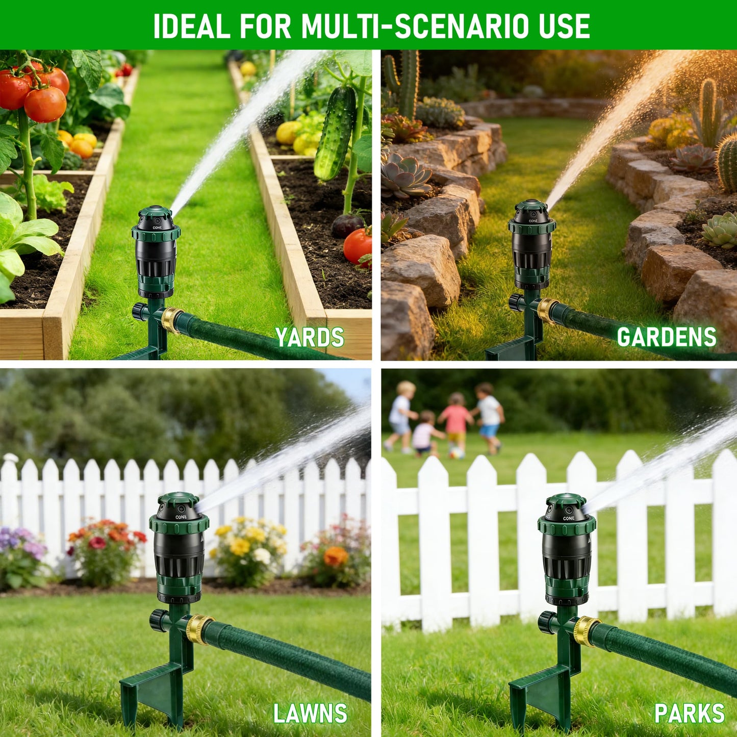 LIULO TOOL 2-Pack Gear Drive Sprinklers for Yard, 360 Degree Garden Water Sprinkler Head on Spike Base with 3/4 Inch Adapters, 5 Modes Adjustable Irrigation Tool for Large Area Yard Lawn Garden