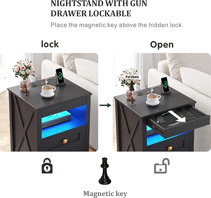 HWB LED Nightstand with Gun Drawer: Bedside Table with Charging Station