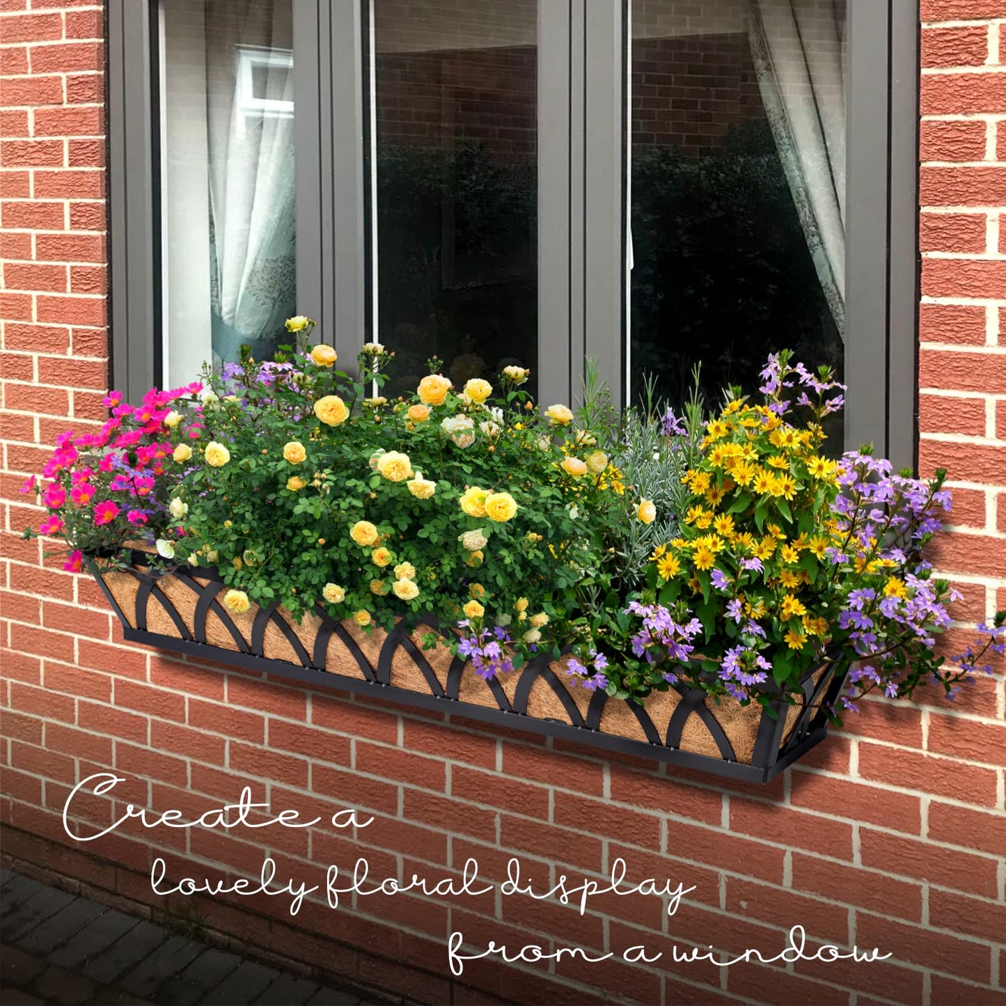 WIMART Window Box Railing, 36 Inch Black Metal Hanging Flower Planter Basket with Coco Liner for Outdoor Balcony Porch Fence Patio for Home, Office and Hotel (Black - 2 Pcs/Set)