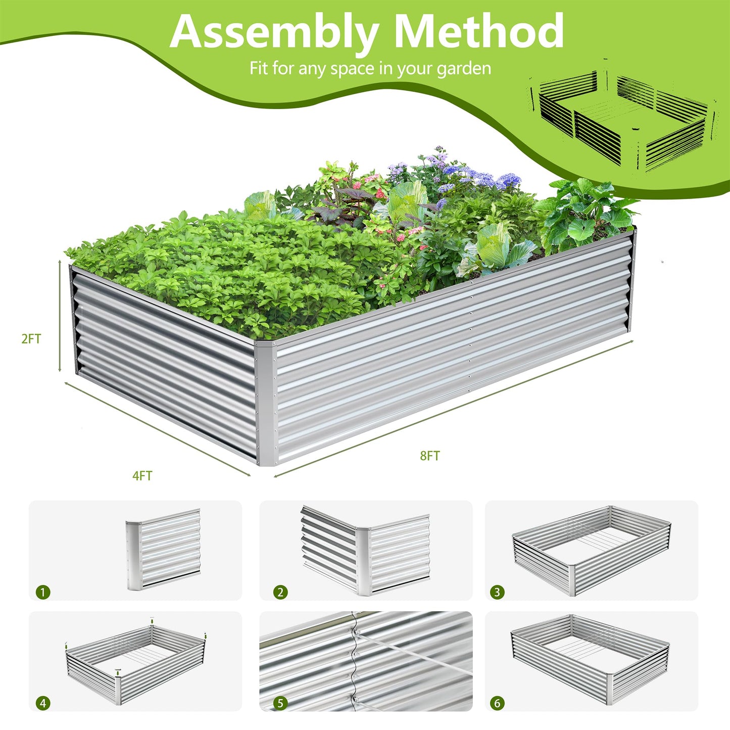 Ayen Guard 8x4x2FT Galvanized Raised Garden Bed,Galvanized Planter Boxes Outdoor, Large Metal Raised Garden Beds for Vegetables-Silver