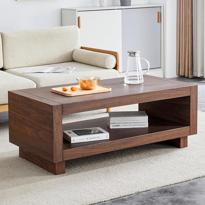 Walnut Mid-Century Coffee Table, 47.2" W×23.6" D×18" H，Rectangular MDF Storage
