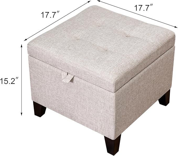 Adeco 18 Inch High Cube Ottoman Storage, Linen Chair Foot Stools, Upholstered