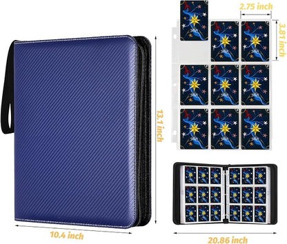 900 Pockets Round Ring Trading Card Binder, 9-Pocket Clear Zipper Card Album with Wrist Strap, Holds 900 Standard TCG & Sports Cards, Not Fit Top Loaders (Carbon Dark blue)