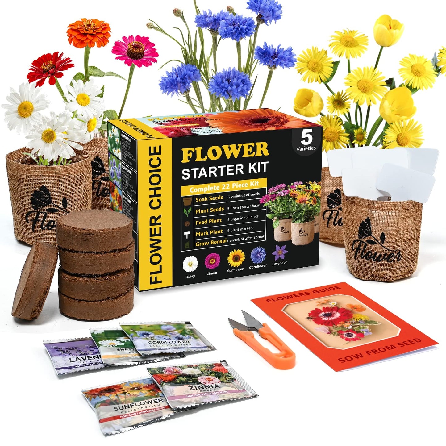 Indoor Daisy Garden Starter Kit with Gardening Tools - Planter Bags, Markers, Soil Disks and Shears, Home Gardening Gifts for Women Men Plant Lovers