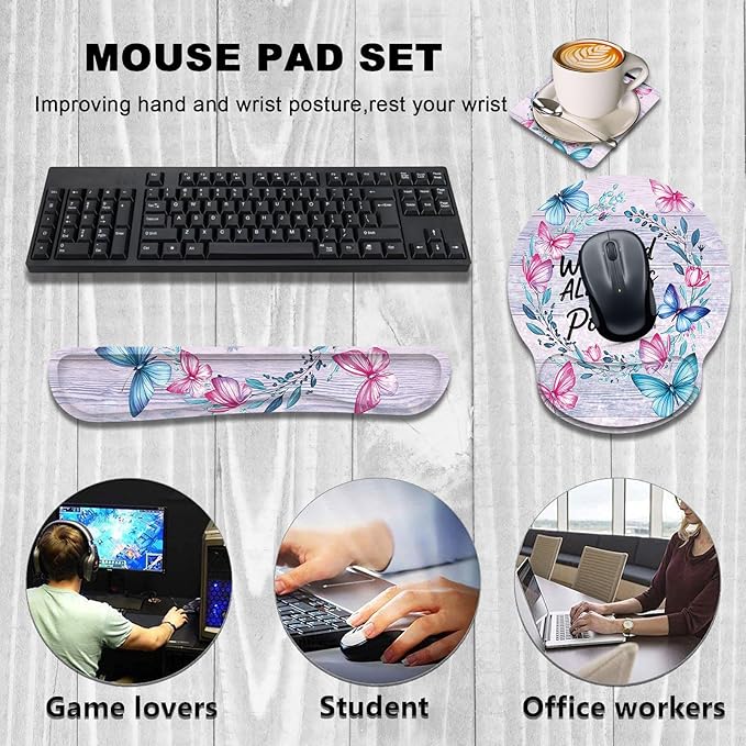 Keyboard Wrist Rest and Mouse Wrist Rest Pad with Cup Coaster,Made of Memory Foam,Ergonomic Support,Easy-Typing and Pain Relief,for Gaming Office Home Computer,with God All Things are Possible Floral