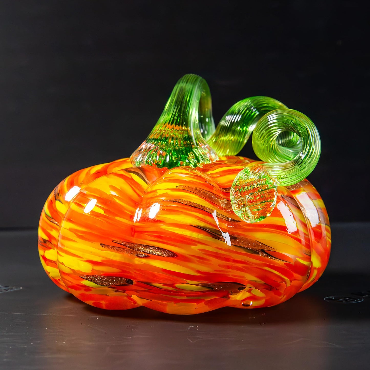 kangming Hand-Blown Glass Pumpkin, Rustic Amber Stripe Art Glass Harvest Decor, Autumn Figurine Sculpture for Halloween & Thanksgiving Table Centerpiece (Rustic Amber Stripe)