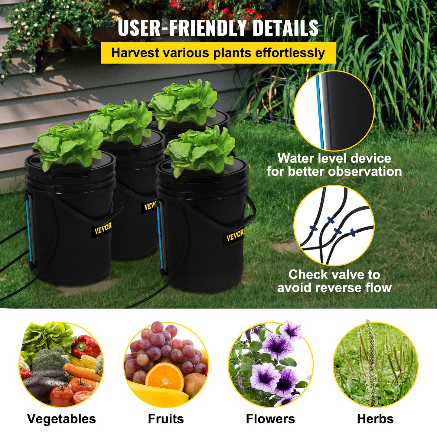 VEVOR DWC Hydroponic System, 5 Gallon 4 Buckets, Deep Water Culture Growing Bucket, Hydroponics Grow Kit with Pump, Air Stone and Water Level Device, for Indoor/Outdoor Leafy Vegetables