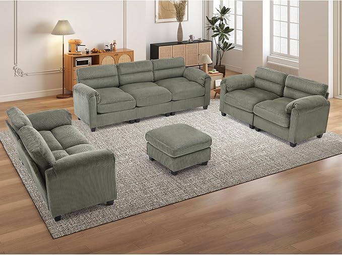 HAOMARKETS Corduroy Sofa Set, Upholstered Ottoman, Loveseat Set of 2, and