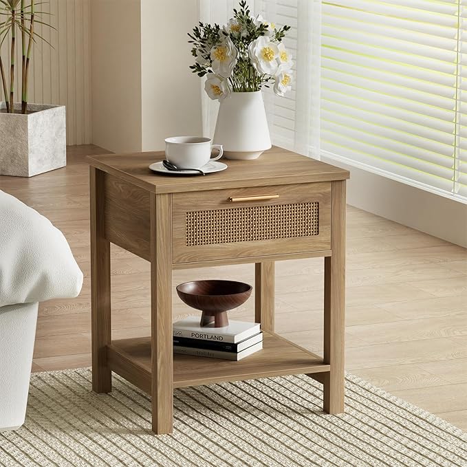 Rattan Nightstand Set of 2, Natural Style Night Stand