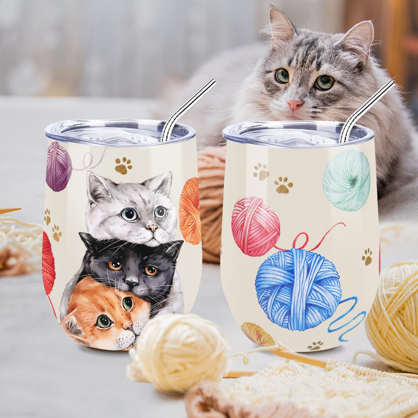 NymphFable 12oz Cat Cup Wine Tumbler With Straw and Lid Stainless Steel Travel Mug Insulated Double Wall