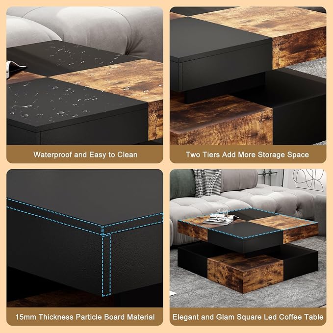 HedoAjim LED Coffee Table for Living Room, Living Room Table 2-Tier Square