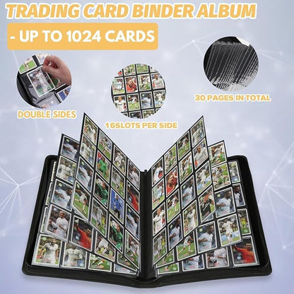 16-Pocket Business Card Binder holds 1024 Cards, Premium Diamond PU Leather Name Card Holder Organizer with Zipper, Black Sleeves Side Loading Card Book for Collectors & Office(light blue)