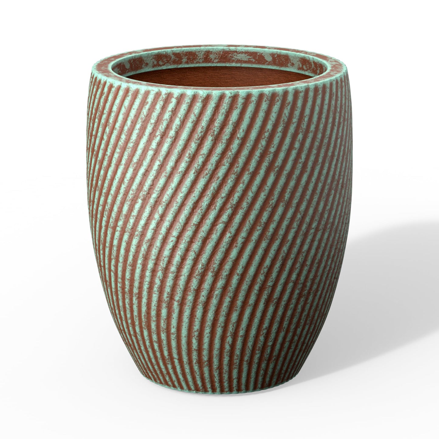 Humid Jade 13-Inch Tall Round Fluted Concrete Planter, Mineral-Toned Surface Plant Pot with Drainage Hole for Succulents, Flowers and Trees for Porch, Patio or Home, Verdigris Mist