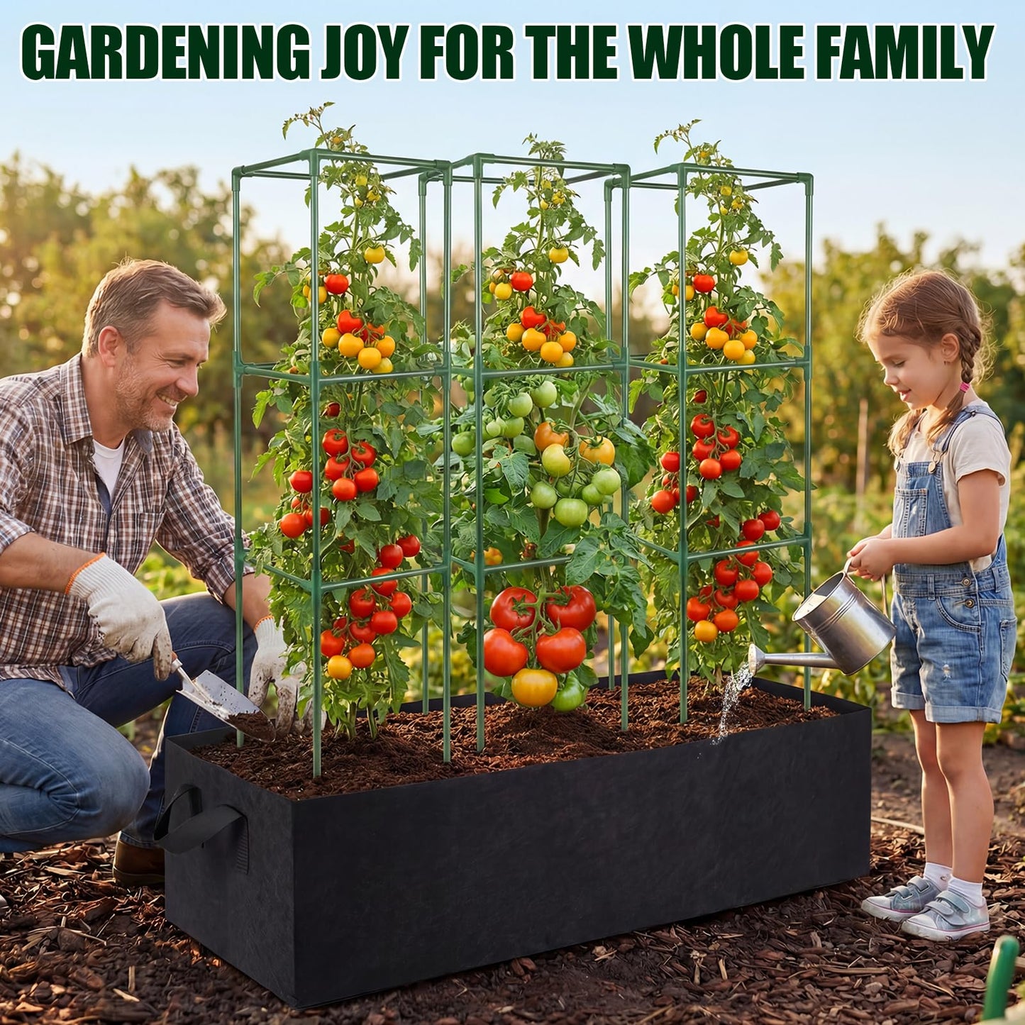 BobbleT 3 Pack Heavy Duty Tomato Cages with 86 Gallon Grow Bag, 41" Adjustable Tomato Trellis for Raised Garden Bed, Sturdy Square Plant Support for Climbing Vegetables, Cucumbers & Garden Plants
