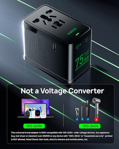 Wollzz 75W Tiny Universal Travel Adapter, GaN Fast Charging European Power Adapter with 5 Ports (1 AC, 1 USB-A, and 3 USB-C), Plug Adapter with Smart Chip for Over 200 Countries, PD&QC Charger
