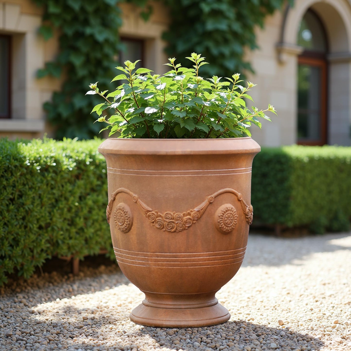Worth Garden Large Urn Planter - 14" Dia x 16.5" H Lightweight Magnesium Oxide Plant Pot with Cement Texture - Rust-Like Finish Concrete Urn Planter with Drainage Hole for Indoor & Outdoor Decor