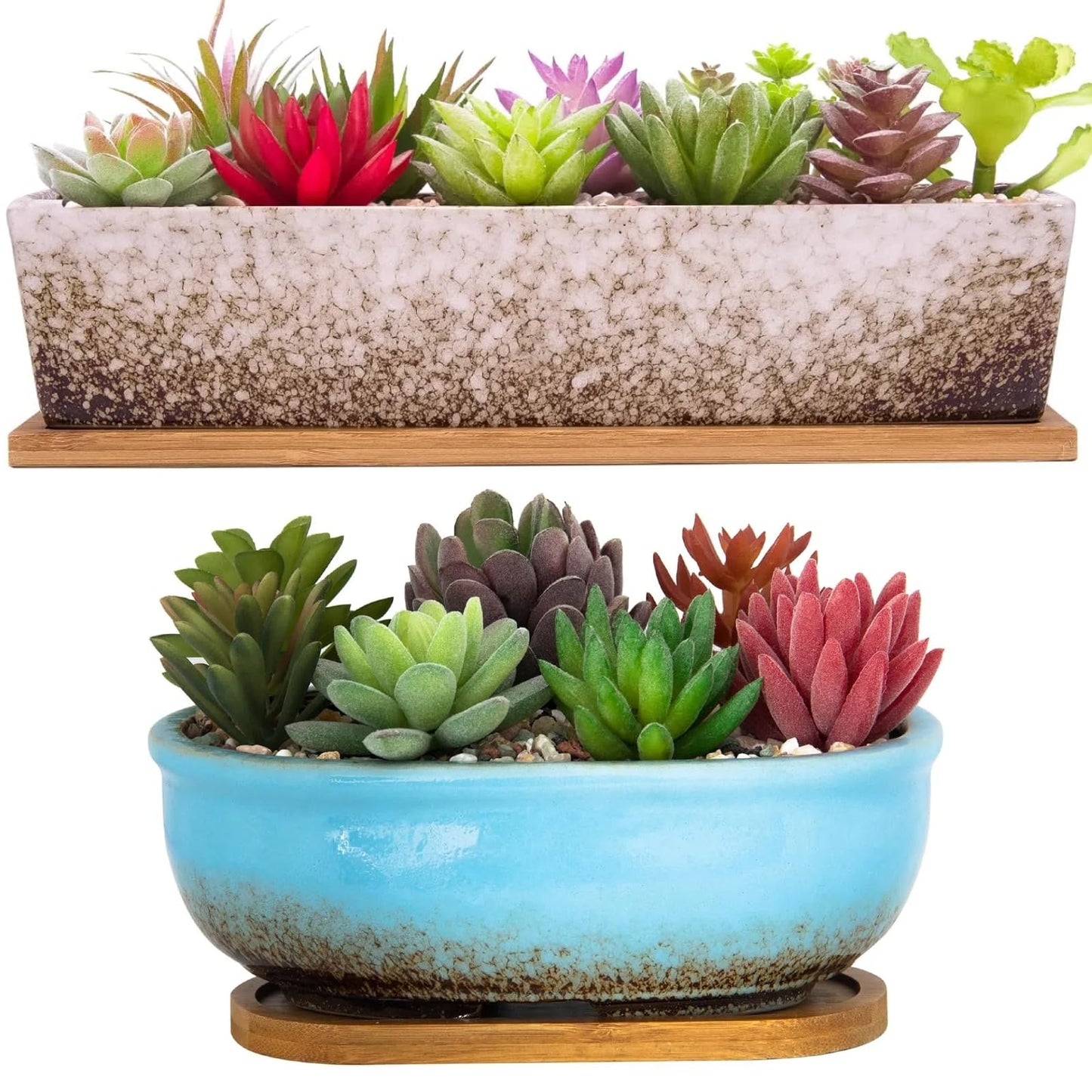 ARTKETTY Succulent Pots, Large Succulent Planters with Drainage Tray, Long Rectangle Ceramic Pot for Indoor Cactus/Succulent Plants Shallow Bonsai Window Box for Home Garden Decor