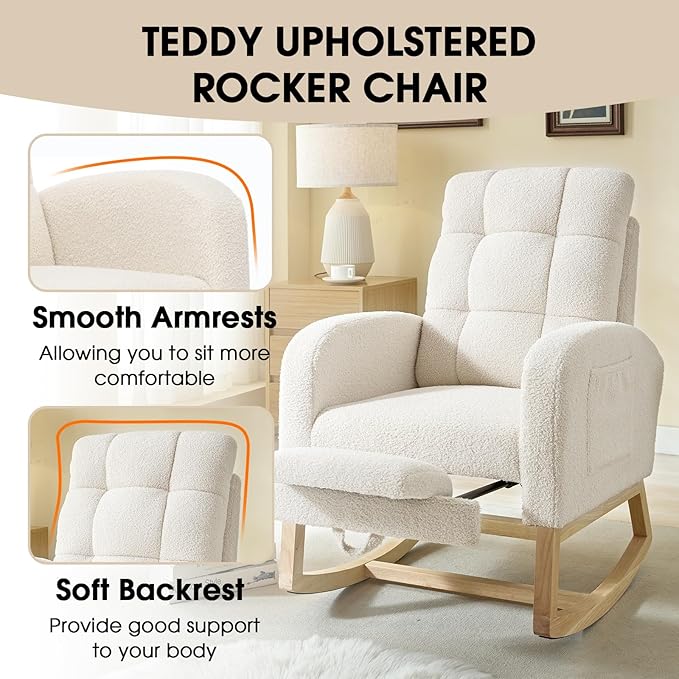 NIOIIKIT Modern Nursery Rocking Chair, Teddy Upholstered Rocking Chair