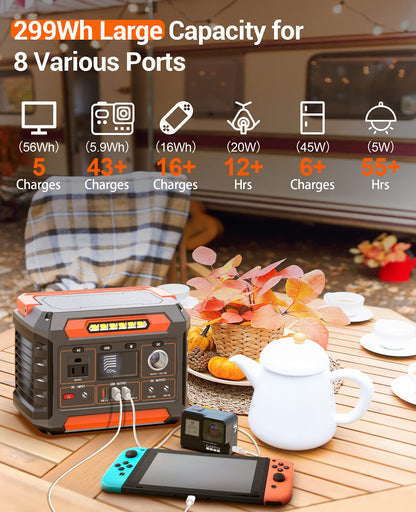 PROGENY 300W Portable Power Station, 299Wh/80818mAh Solar Generator, Regulated DC Output Backup Battery with Pass-Through Charging AC Outlet, Pure Sine Wave, LED Light Power Station for CPAP Camping
