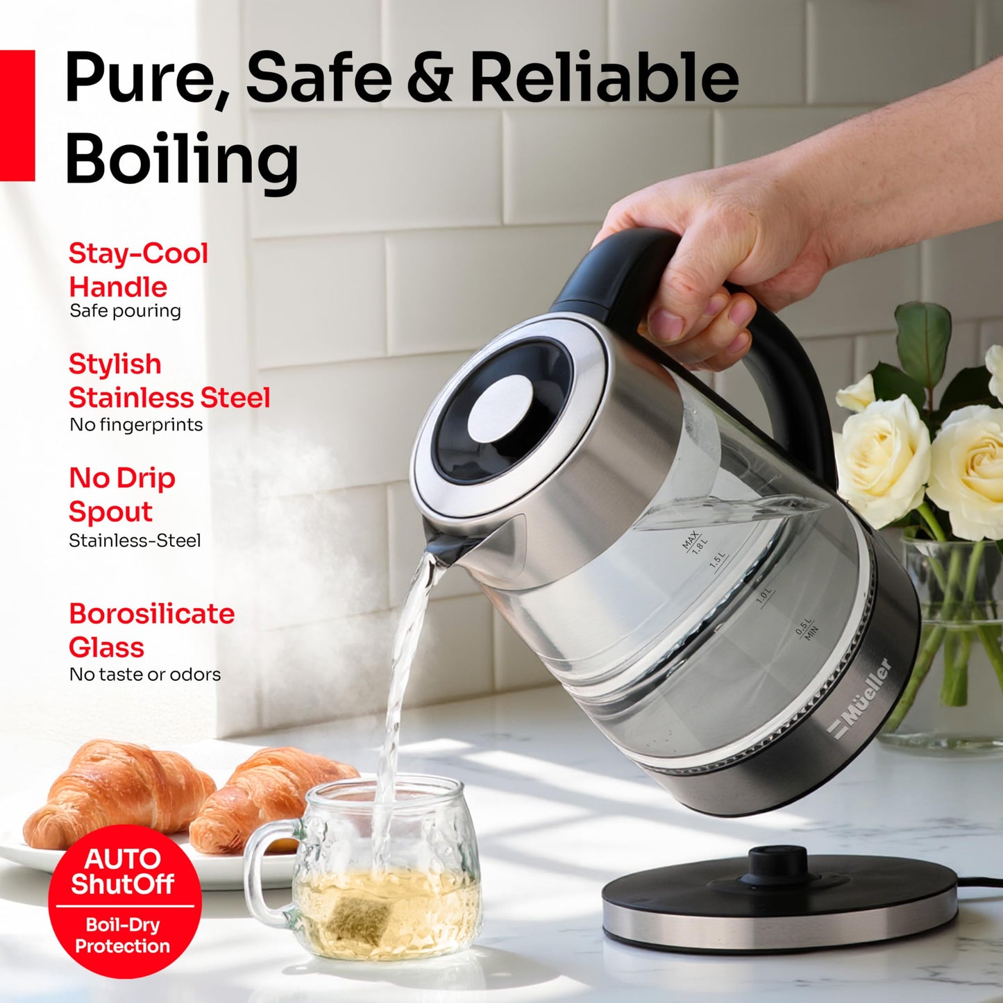 Mueller RapidBoil Electric Kettle 1.8L – Borosilicate Glass & Stainless Steel – BPA-Free Tea Kettle, LED Light, Auto Shut-Off, Boil Dry Protection Water Heater – Fast Heating, Kitchen Appliances
