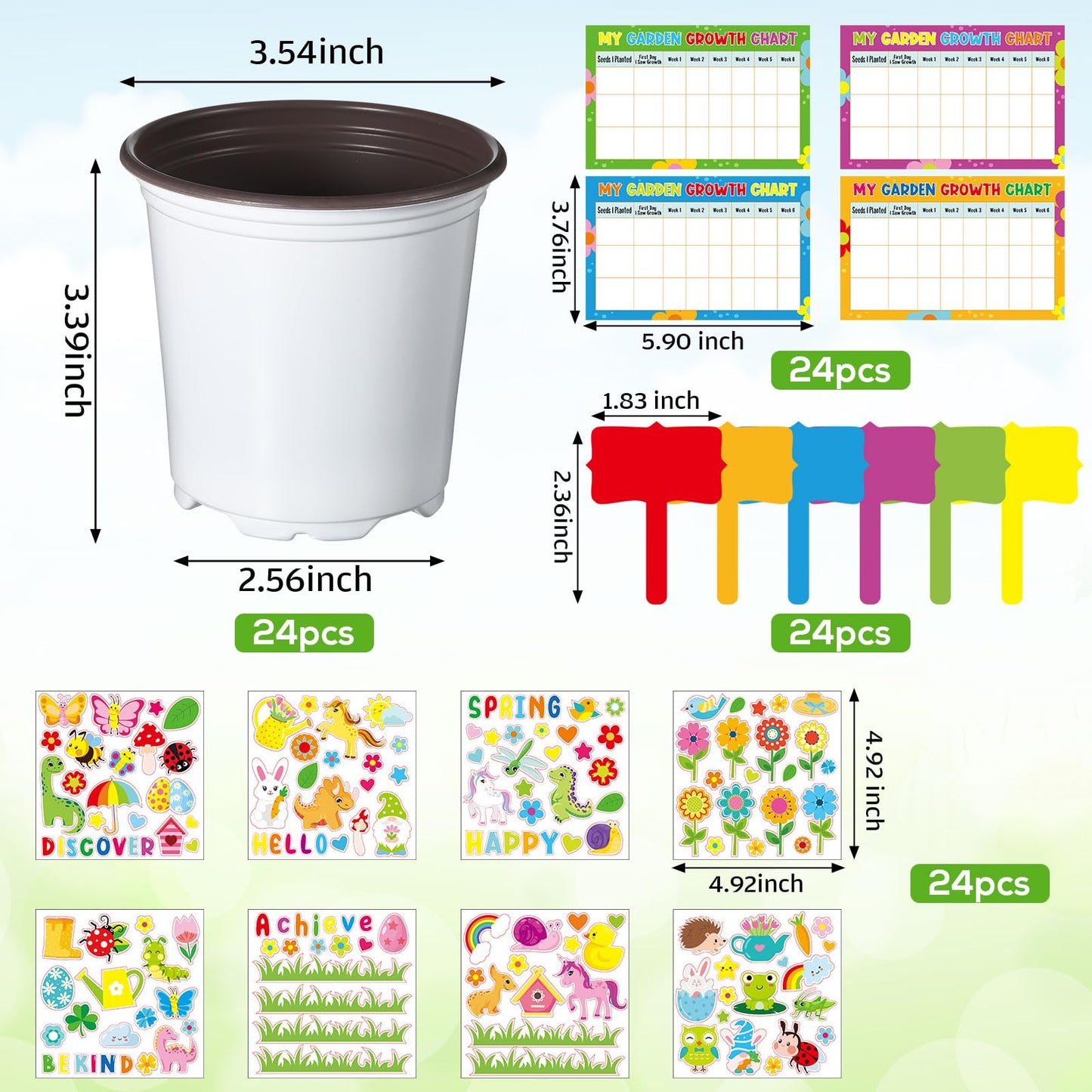 Capoda 24 Sets Garden Flower Pots Crafts Kit DIY Spring Plastic Seedling Nursery Pots with Stickers Plant Labels Growth Charts Planting Growing Tools Classroom Activities Project Gifts (Round)