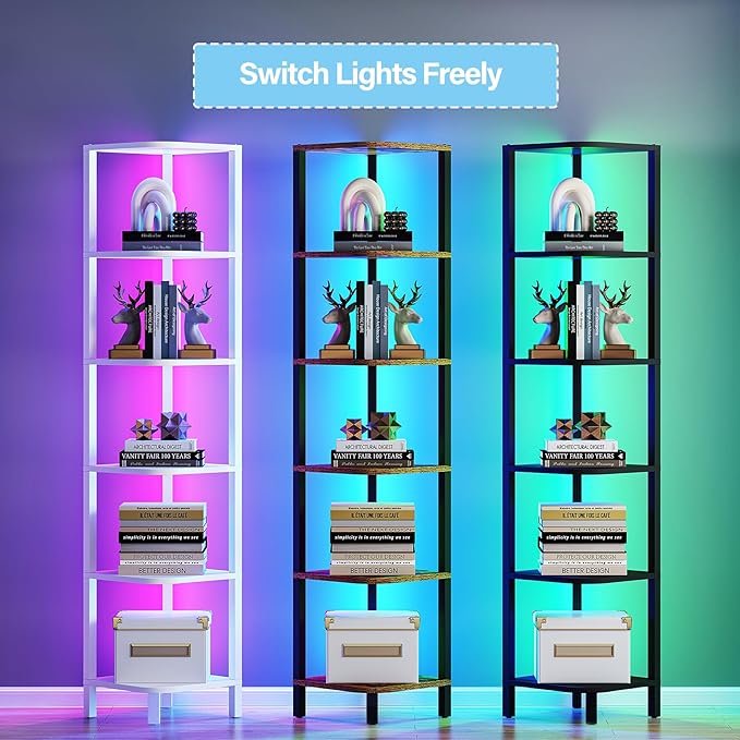 TUTOTAK Corner Shelf with LED Light, 6-Tier Corner Bookshelf