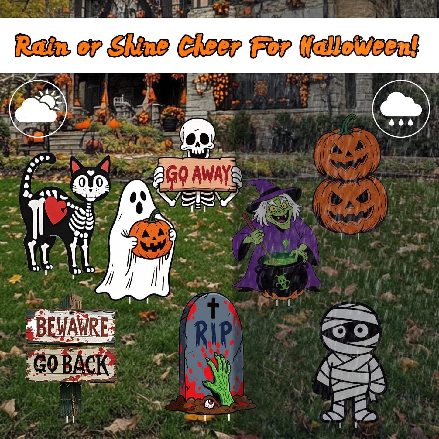 Halloween Yard Signs, 8 Pieces Halloween Lawn Sign Garden Decorations Outdoor with Stakes Witch Pumpkin, Black Cat, Skull, Mummy, Monster, Tombstone, Skeleton Garden Signs for Scary Halloween Party