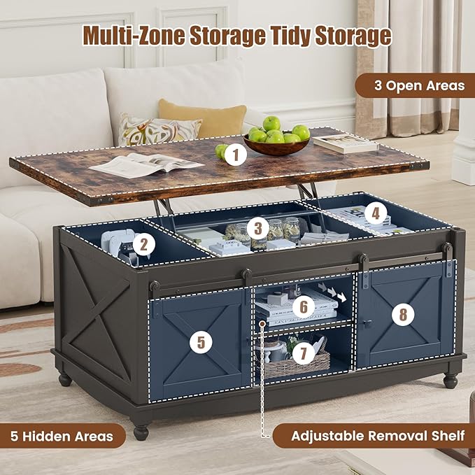 ALLSTAND 48" Farmhouse Lift Top Coffee Table