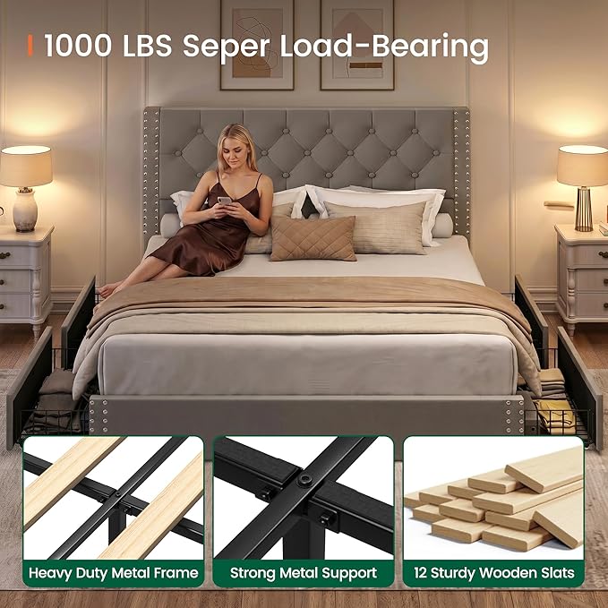 LARMACE Queen Size Bed Frame Upholstered Platform Bed