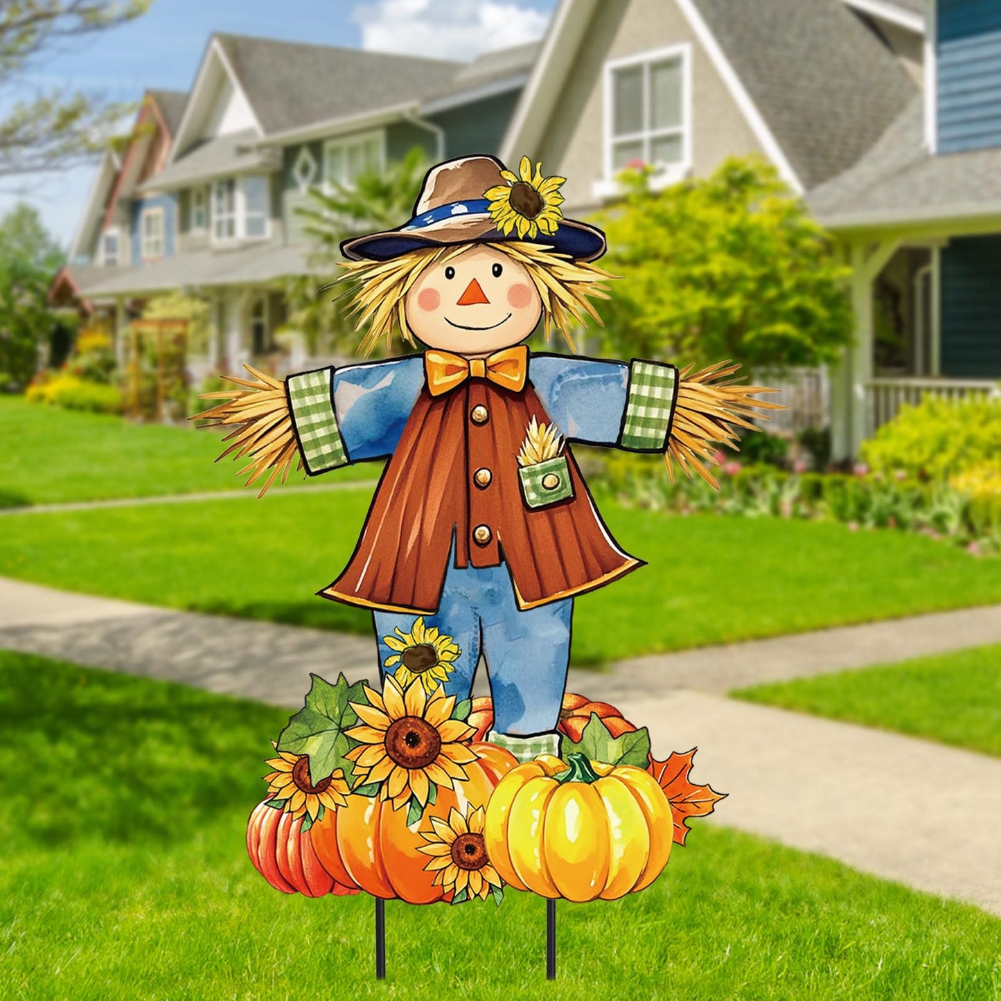 JarThenaAMCS 33" H Fall Scarecrow Metal Garden Stakes Rustic Pumpkin Pile Scarecrow Decorative Lawn Sign for Autumn Thanksgiving Home Outside Lawn Porch Decor