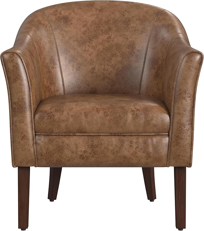HomePop Modern Barrel Accent Chair, Distressed Brown Faux Leather