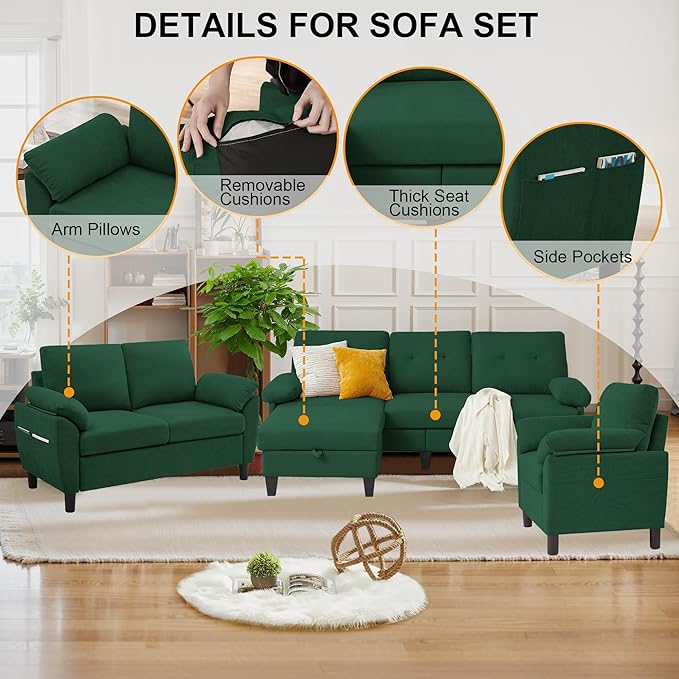 84" Convertible Sectional Sofa Set, 3 Seat L Shaped Couch