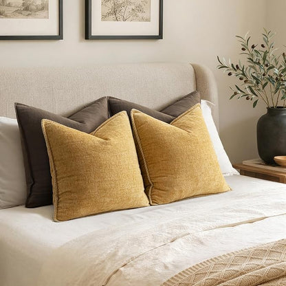 MIULEE Pack of 2 Summer Couch Throw Pillow Covers 20x20 Inch Gold Mustard Yellow Farmhouse Decorative Pillow Covers with Stitched Edge Soft Chenille Solid Dyed Pillow Covers for Sofa Bed Living Room