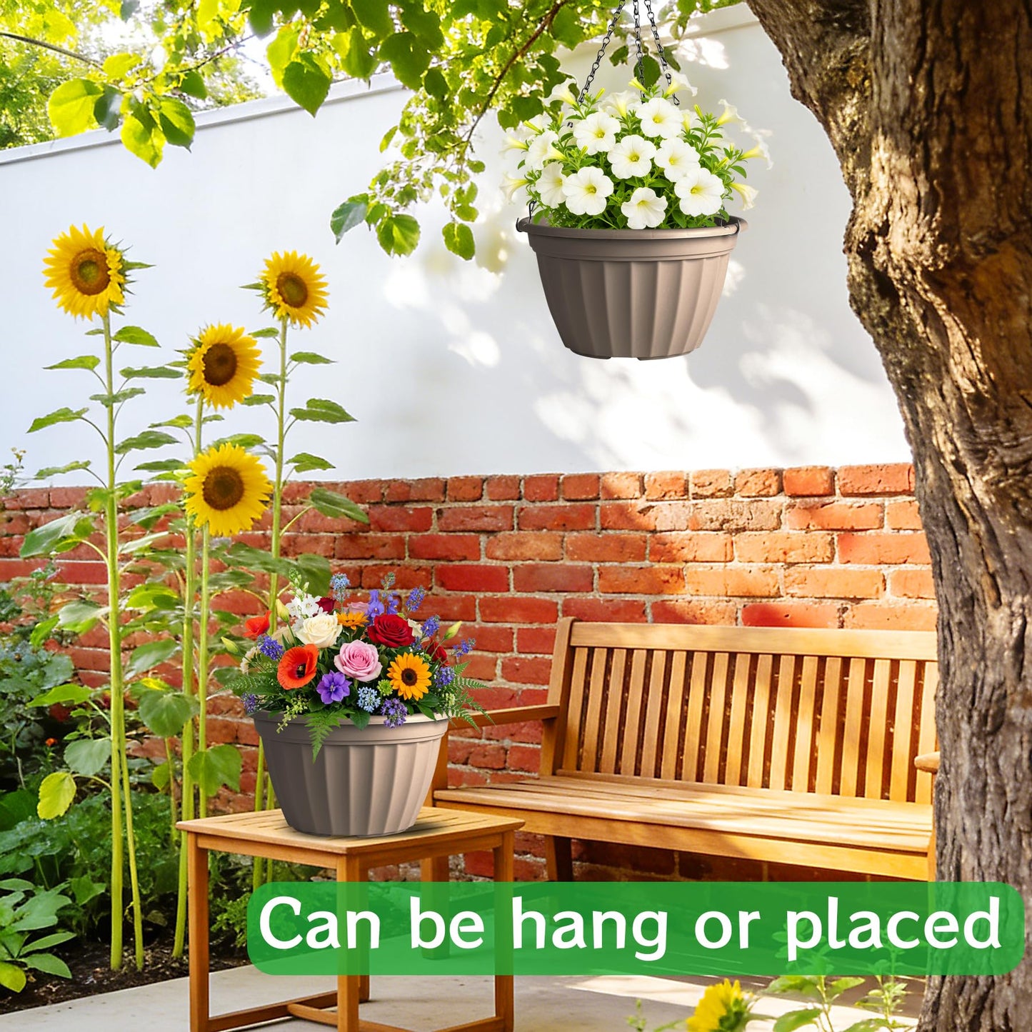 FGstyle 6 Pack Hanging Planters 8 Inch,Self Watering Pots for Indoor Plants,Plastic Hanging Basket with Soil Elevator and 20" Chain for Home Garden Porch Balcony Patio Decor(Beige)