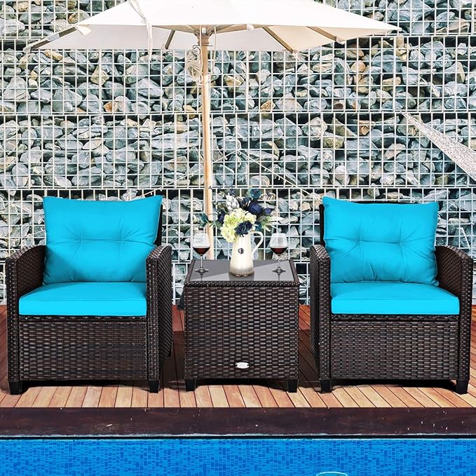 COSTWAY 3PCS Patio Furniture Set, PE Rattan Wicker Sofa w/Washable Cushion and