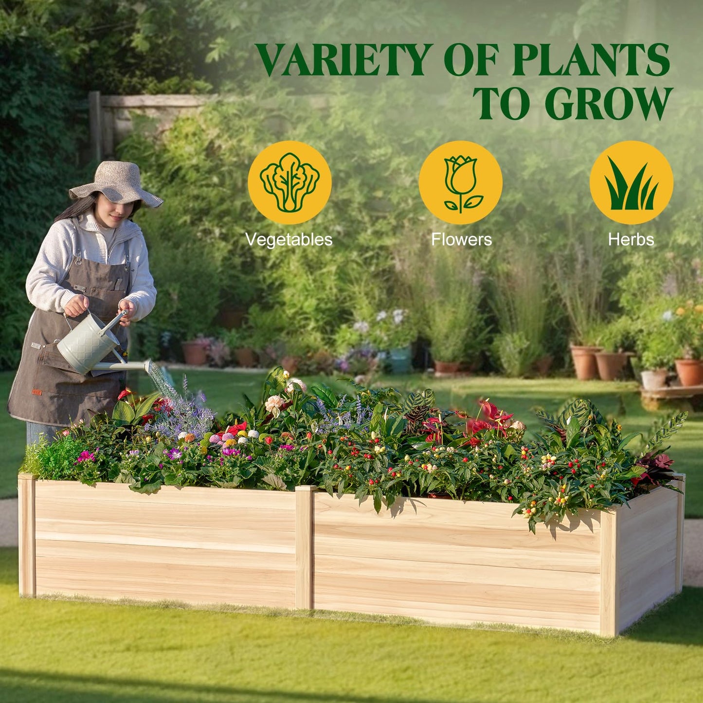 SPECRAFT 8x4 Ft Wood Raised Garden Bed, Durable 15 Inch Depth Planter Box for Vegetables, Herbs, and Flowers, Ideal for Outdoor Gardening with Open Base