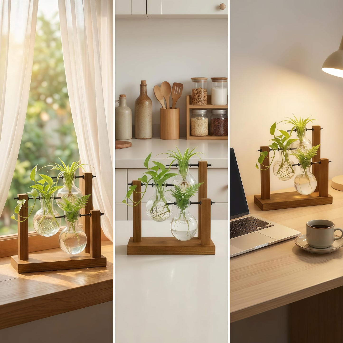 Plant Propagation Station with Glass Propagation Vases, Plant Propagation Jars in Wooden Stand, Hydroponic Vase for Plant Cuttings, Decorative Propagation Station for Home Desk Office
