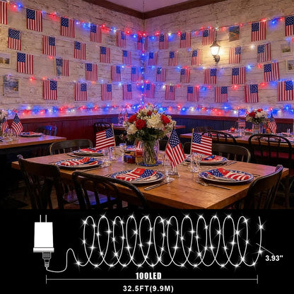 TWINGLEHOME 100 LED String Lights 33FT (10M) with Copper Wire, Multifunctional Modes Lighting (Red, White, Blue) for Nation Day