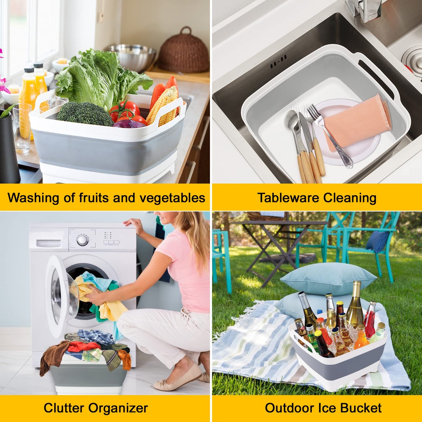 Collapsible Dish Basin & Sink Tub with Drain Plug – 2.4 Gal Baby Bottle Wash Basin, Bottle Washing Bin for RV, Camping, Kitchen | Collapsible Water & Bottle Basin (Grey)