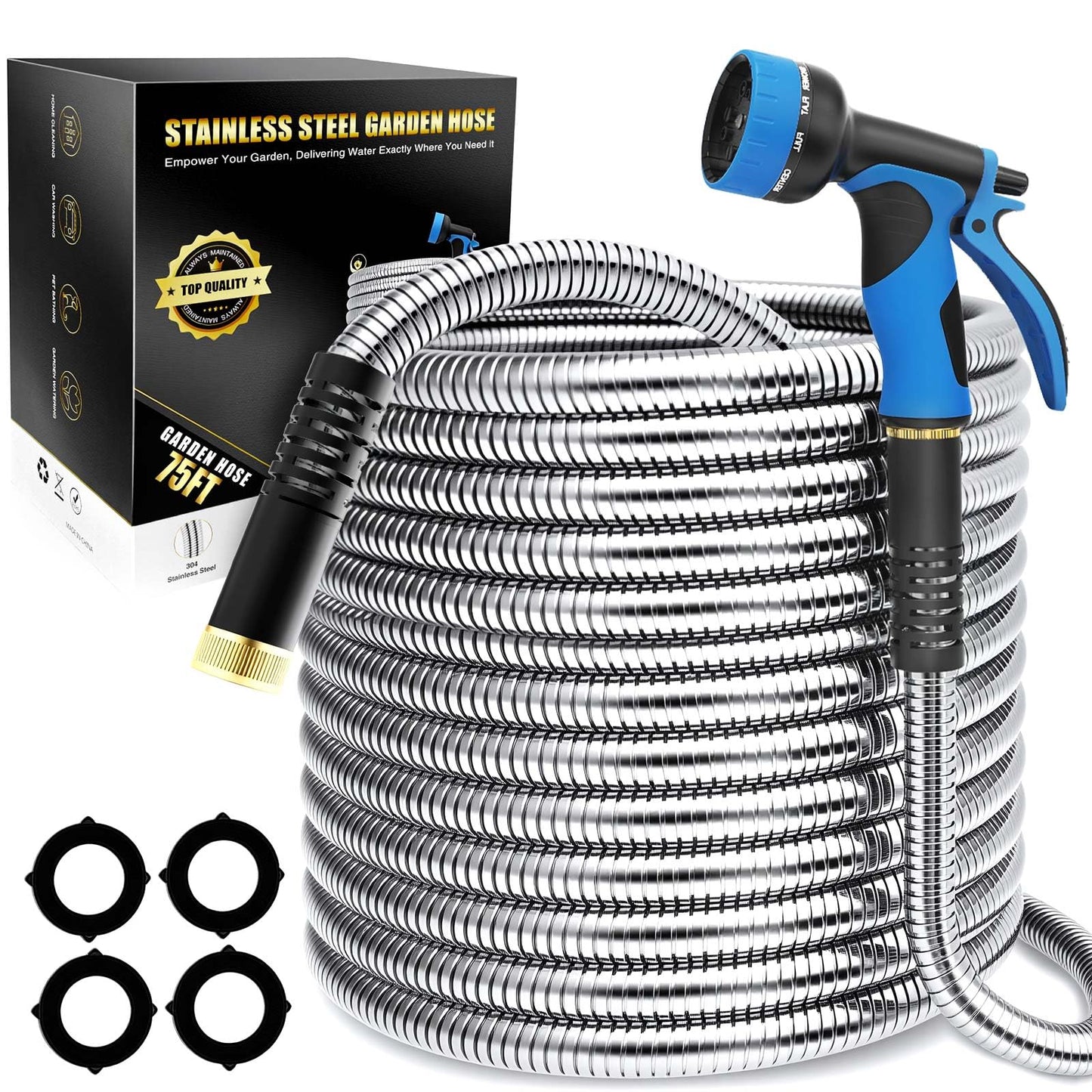 Lefree 75ft Metal Garden Hose - Heavy Duty 304 Stainless Steel Flexible Water Hose, No Kinks & Leak-Proof with Upgraded Handle, 10-Function Spray Nozzle for Yard, Garden, Pet Bath, Outdoor Cleaning