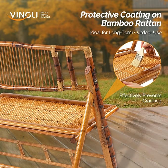 VINGLI Bamboo Rattan Folding Loveseat, Handmade Double Seat Folding Chair