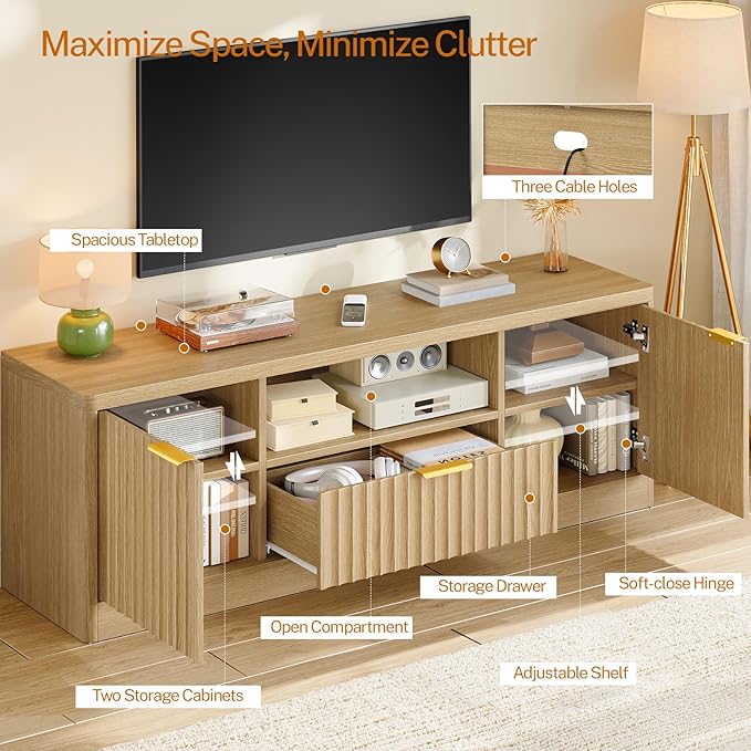 TEENFON 55" TV Stand for TVs Up to 60", Modern Fluted Entertainment Center