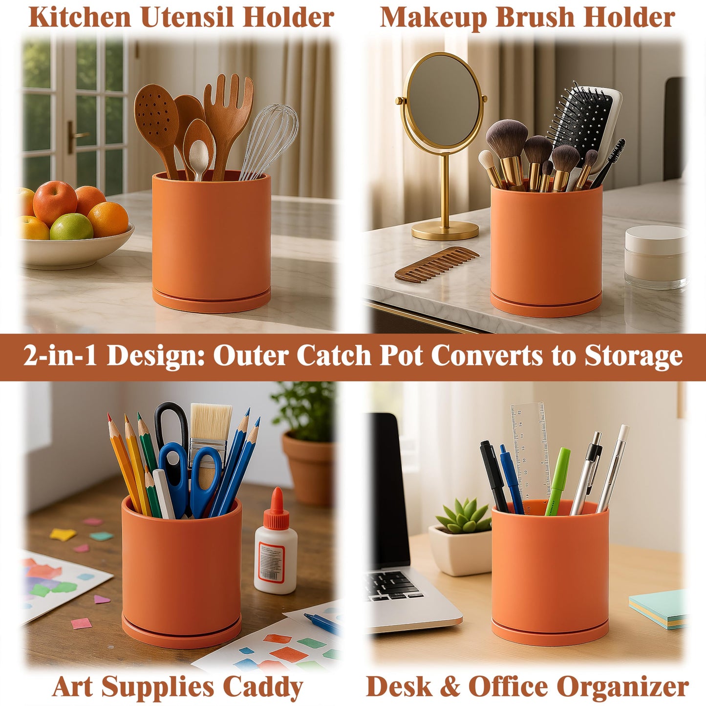 D'vine Dev Double-Layer Self-Draining Planter Set – Rotating Plastic Outer Pot with Clear Inner Liner for Root Health, Perfect for Indoor Plants, 4.5", Set of 2, Pumpkin, 73-V-E-1