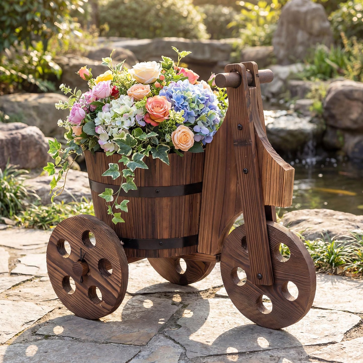 Giantex Wooden Wagon Planter with Wheels, Rustic Wood Plant Stand with 3 Wheels & Drainage Hole for Flowers Herbs Vegetables, Indoor Outdoor Decorative Garden Flower Cart for Patio Backyard (1)