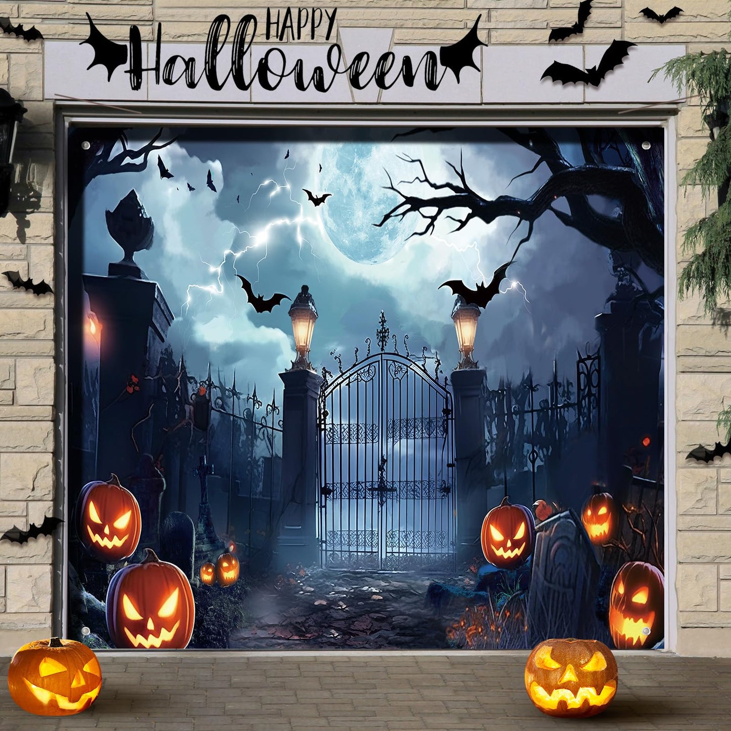 Preboun Halloween Garage Door Banner Large Hanging Backdrop Door Cover Halloween Garage Wall Decorations for Outdoor Holiday (7 x 8 ft)