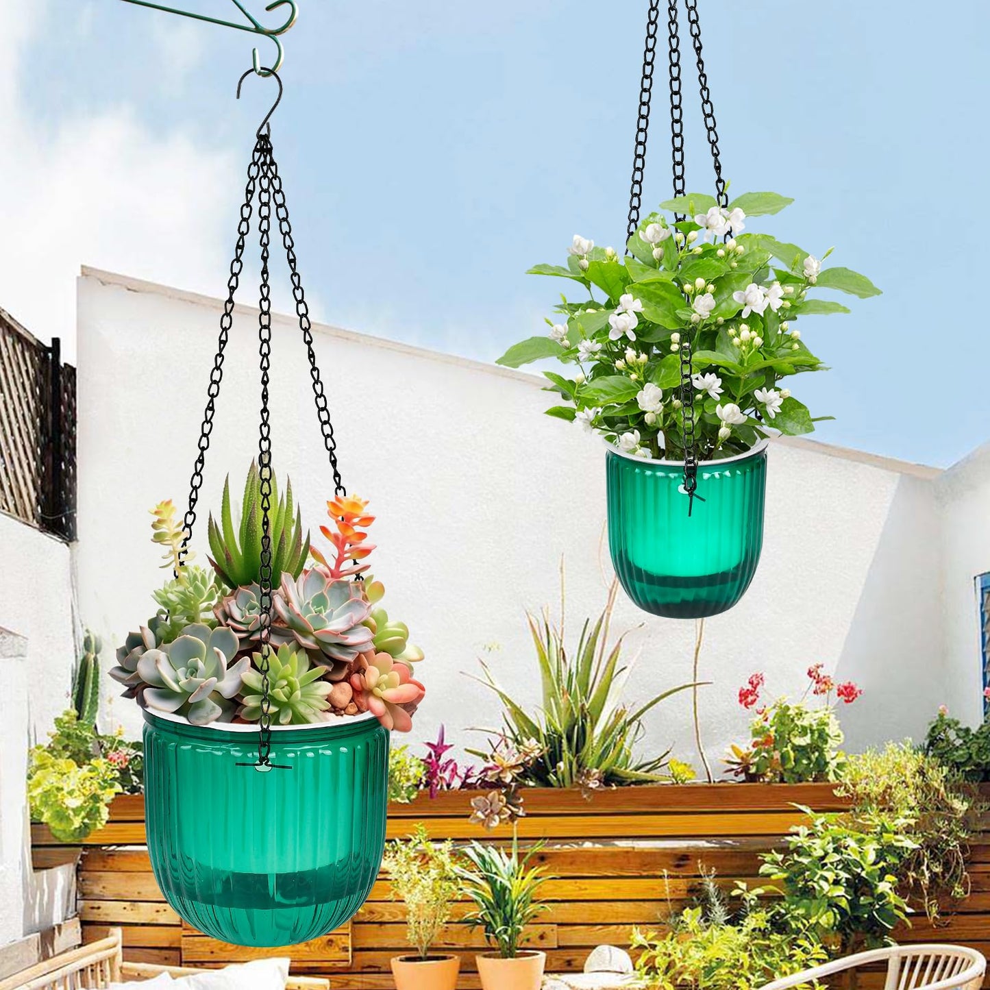 Boocalny 4Pcs Self Watering Hanging Planter, 6.5'' 4.5'' Hanging Plant Pots with Drainage Holes,Plastic Hanging Plant Flower Pots Baskets,Visible Hanging Planters for Indoor Plant Garden Home(Emerald)