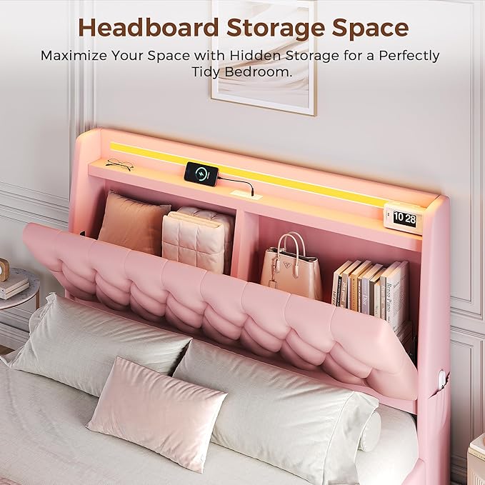 Full LED Velvet Bed Frame with 2 Storage Drawers&Hidden Headboard, Upholstered