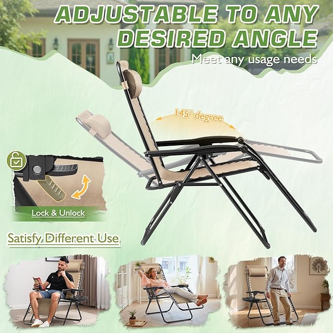 Devoko Set of 2 Zero Gravity Lounge Chairs, Outdoor Folding Adjustable Steel