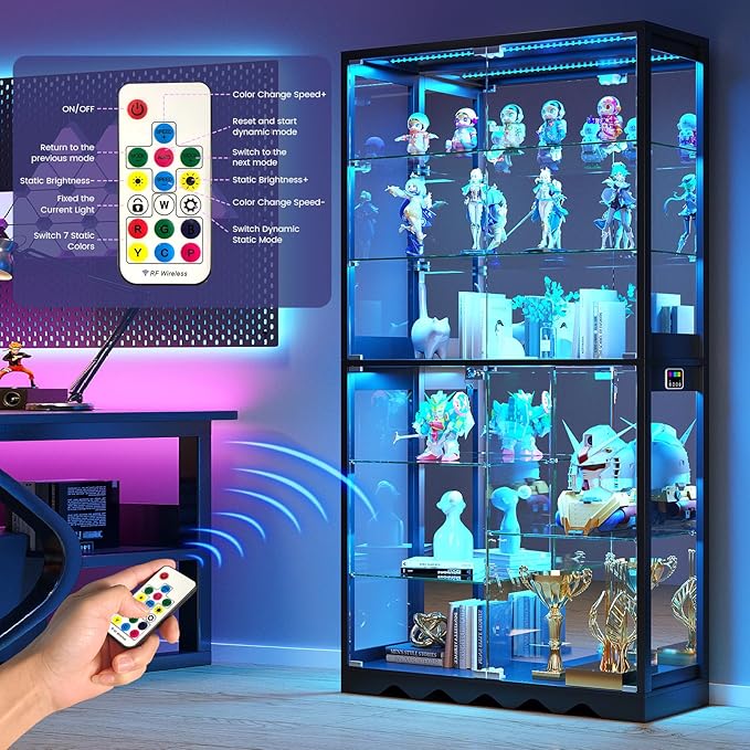 Large Display Cabinet with Glass Doors, 8-Tier RGB Curio Cabinet with Smart